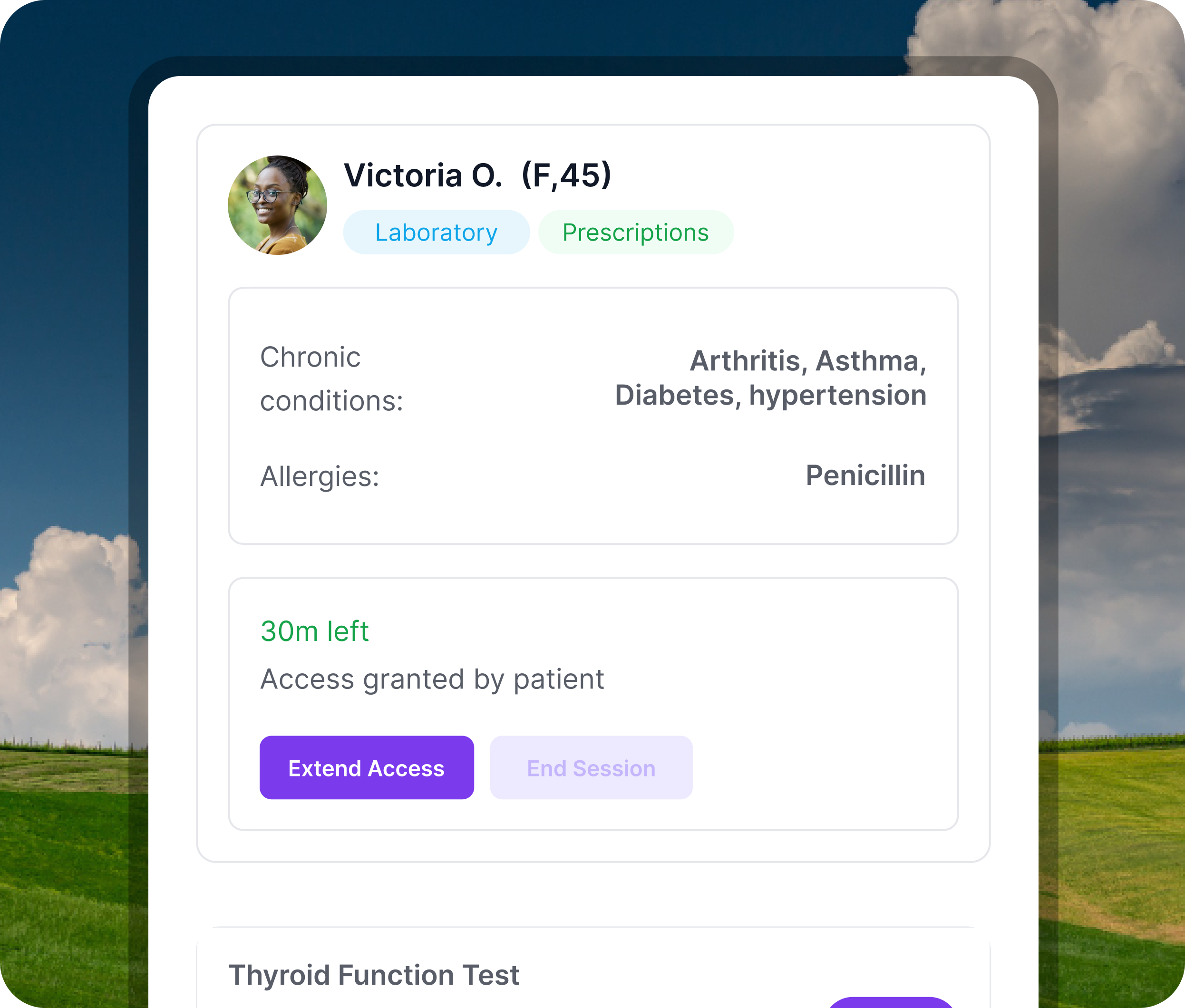 A patient record open to a provider on Medrecit, showing Victoria O.'s chronic conditions and allergies alongside a consent window with 30 minutes left and the option to extend access or end the session