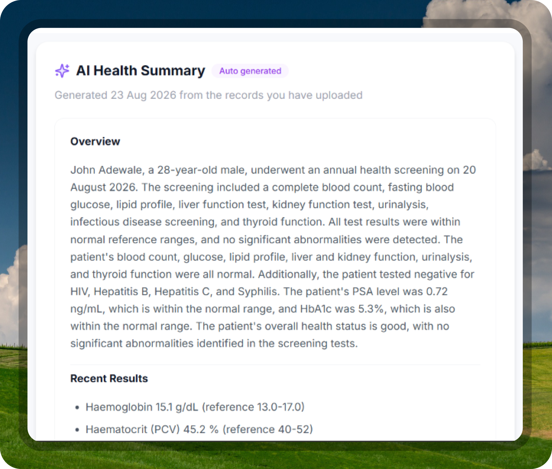 An AI Health Summary on the Medrecit dashboard, marked auto-generated, giving an overview of a patient's annual screening and their recent results