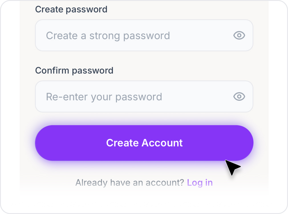 The Medrecit sign-up form with the password fields ready and the Create Account button about to be pressed