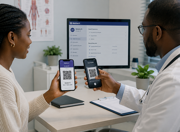 A clinician scanning the Medrecit code on a patient's phone with their own