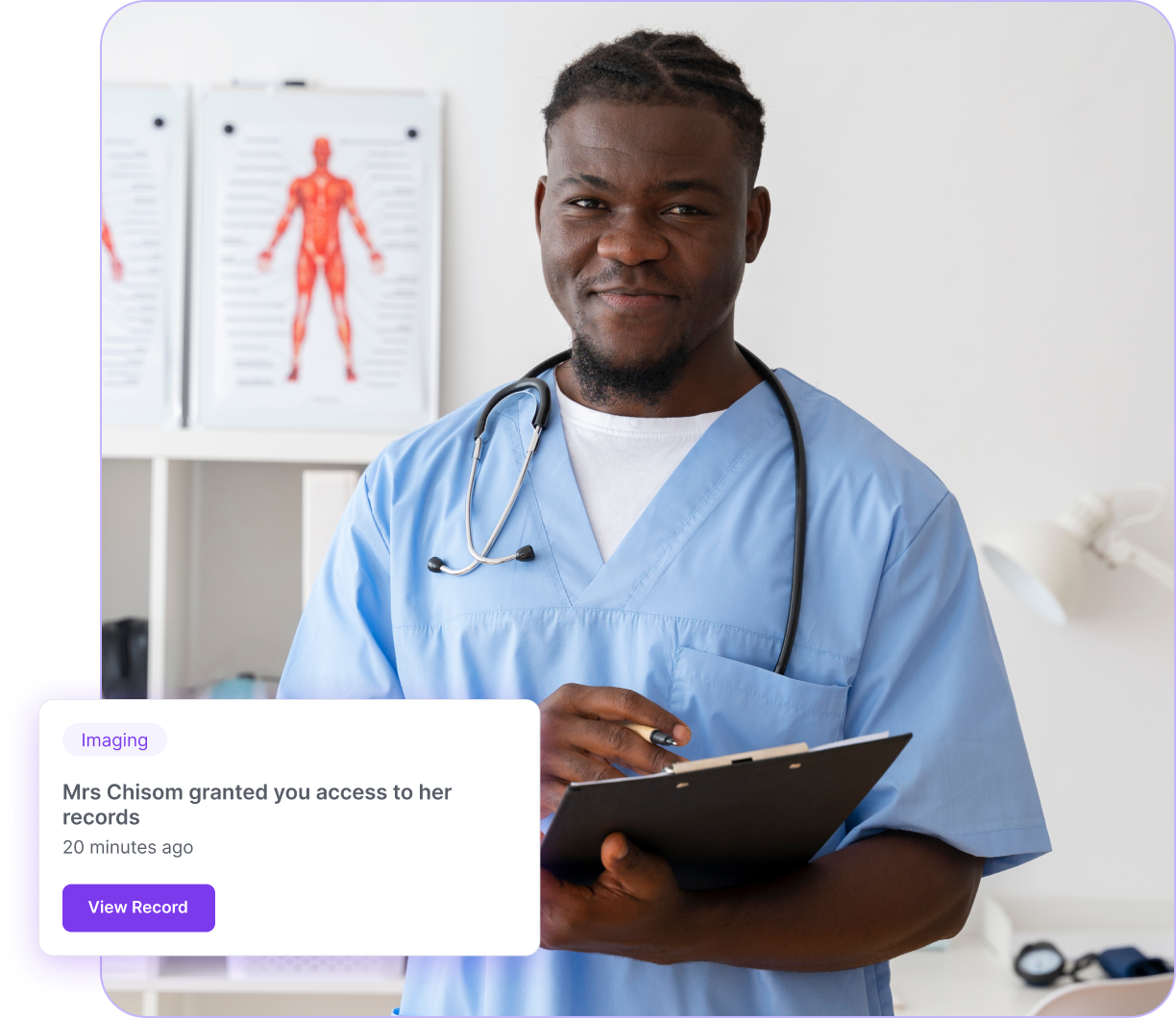 A clinician in scrubs holding a clipboard, with a Medrecit notification showing that Mrs Chisom has granted access to her imaging records