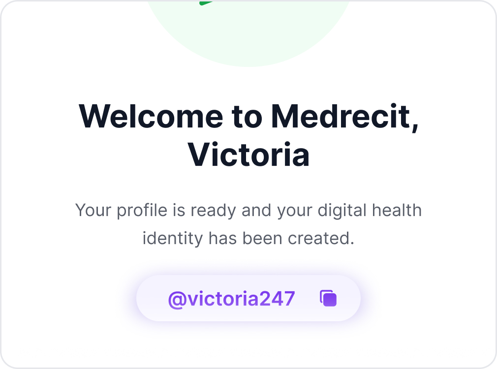 A welcome screen confirming the account is ready, showing the newly issued RecitID handle @victoria247