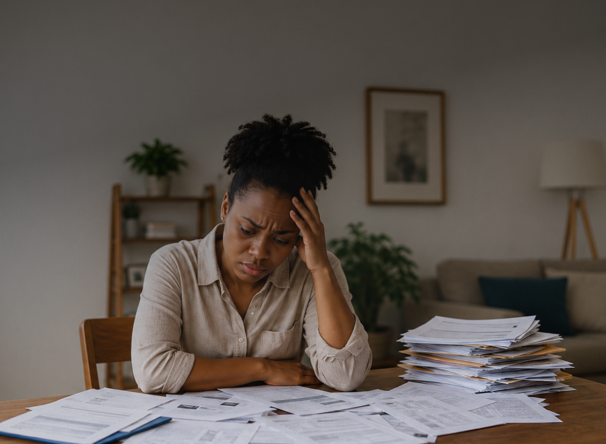 A woman at a dining table holding her head, surrounded by loose paper medical records