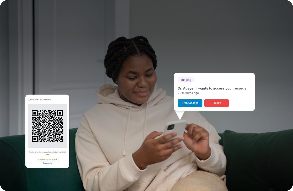 A woman on a sofa using her phone, with a Medrecit sharing code and an incoming provider access request shown beside her